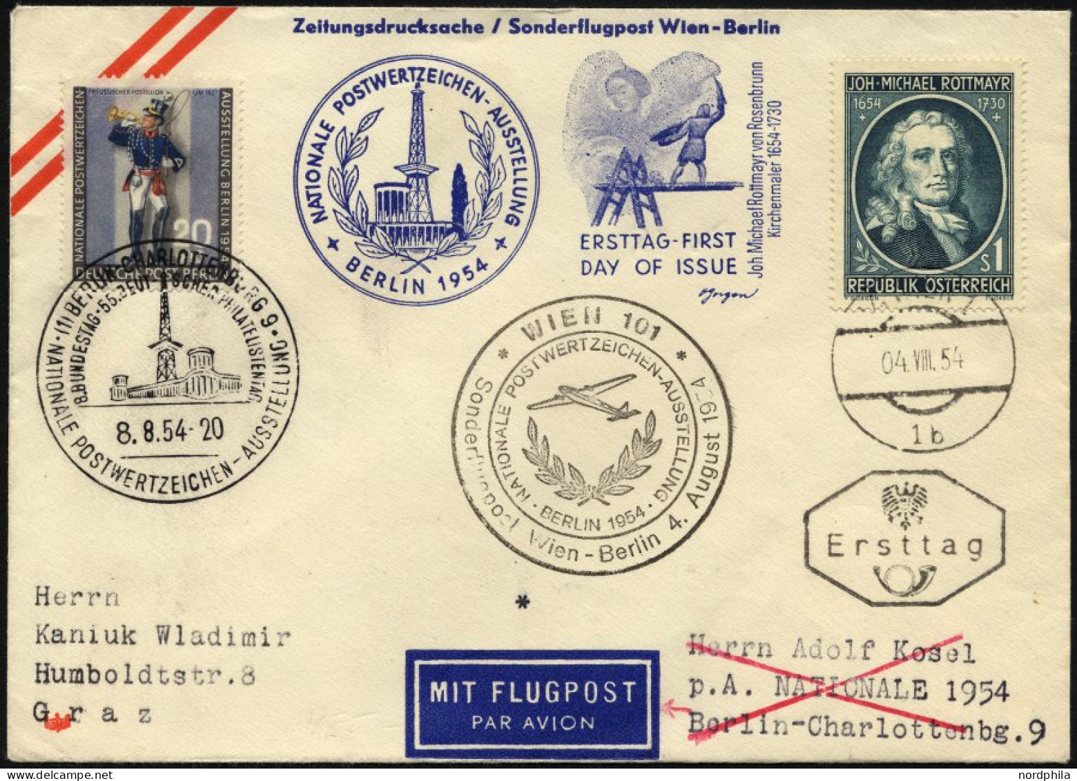 ÖSTERREICH 1007 BRIEF, 4.8.1954, 1 S. Rottmayr Auf Sonderflugpostbrief Und FDC WIEN-BERLIN, Mit Zusatzporto Berlin Mi.Nr - Oblitérés