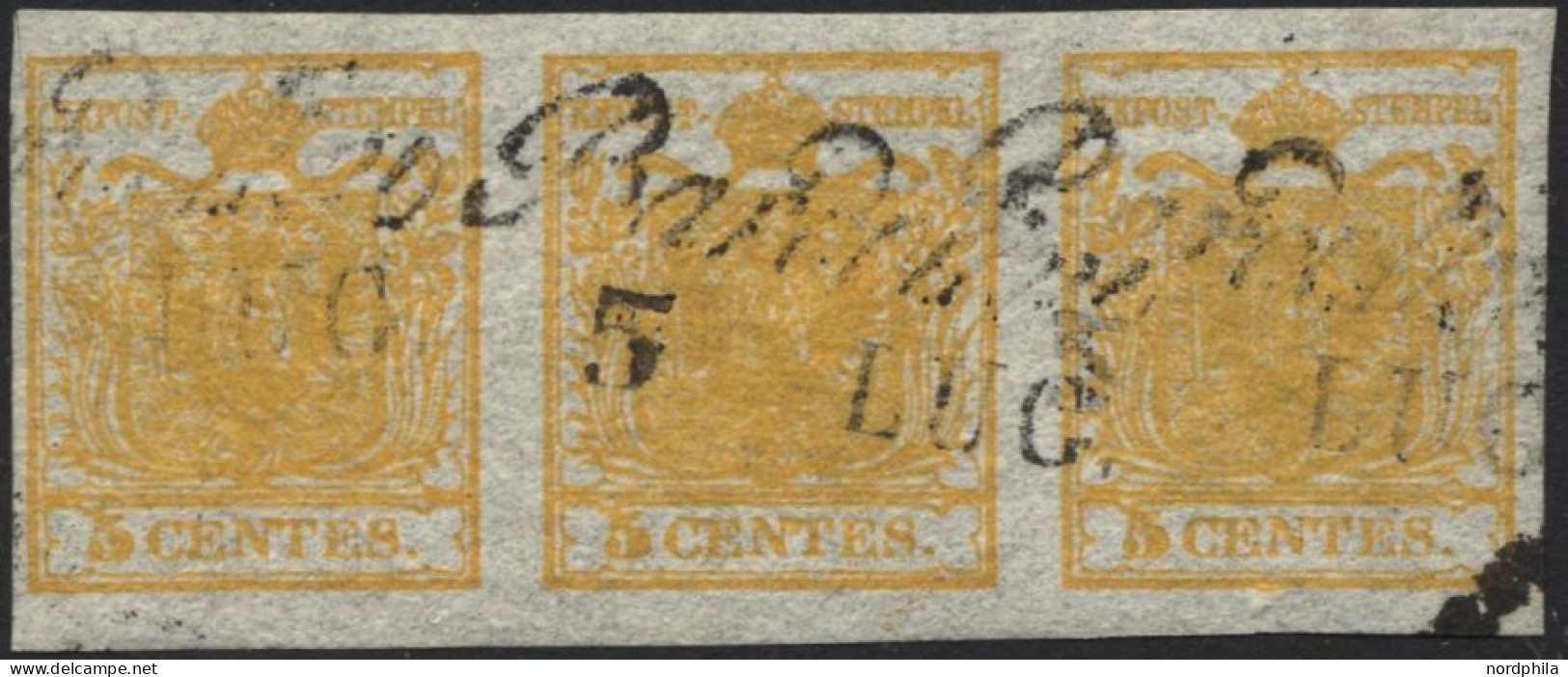 LOMBARDEI UND VENETIEN 1Xa O, 1850, 5 C. Ockergelb, Handpapier, Im Waagerechten Dreierstreifen, L2 BARDOLINA, Pracht - Lombardo-Veneto