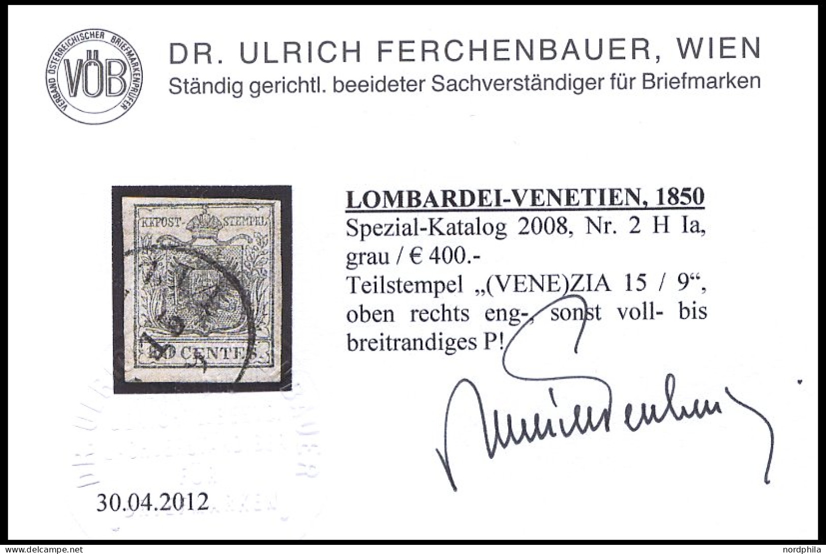 LOMBARDEI UND VENETIEN 2X O, 1850, 10 C. Schwarz, Handpapier, Type Ia, Pracht, Fotobefund Dr. Ferchenbauer, Handbuch EUR - Lombardo-Vénétie