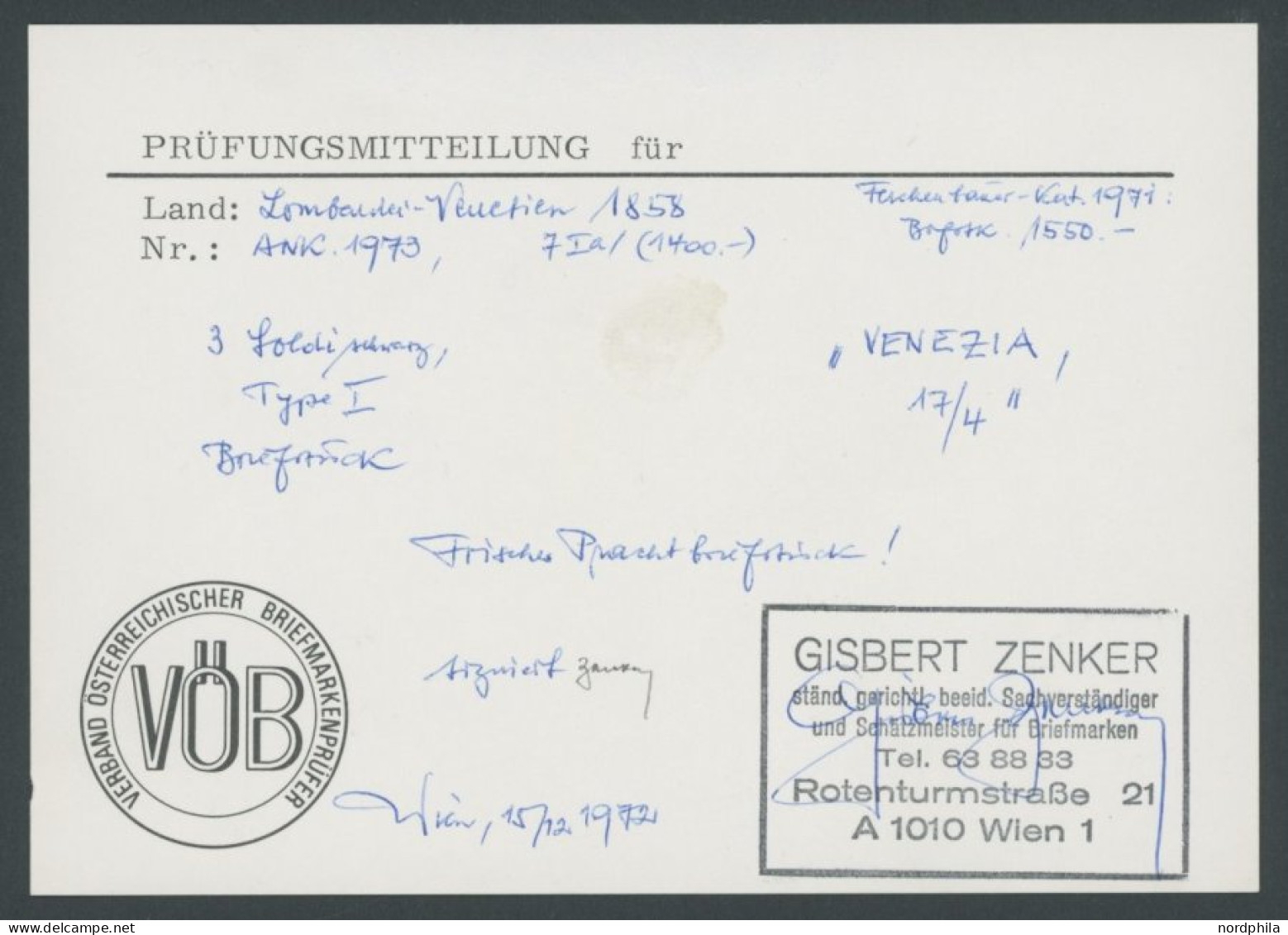 LOMBARDEI UND VENETIEN 7Ia BrfStk, 1858, 3 So. Schwarz, Type I, Zentrischer Stempel VENEZIA, Kabinettbriefstück, Gepr. Z - Lombardo-Veneto