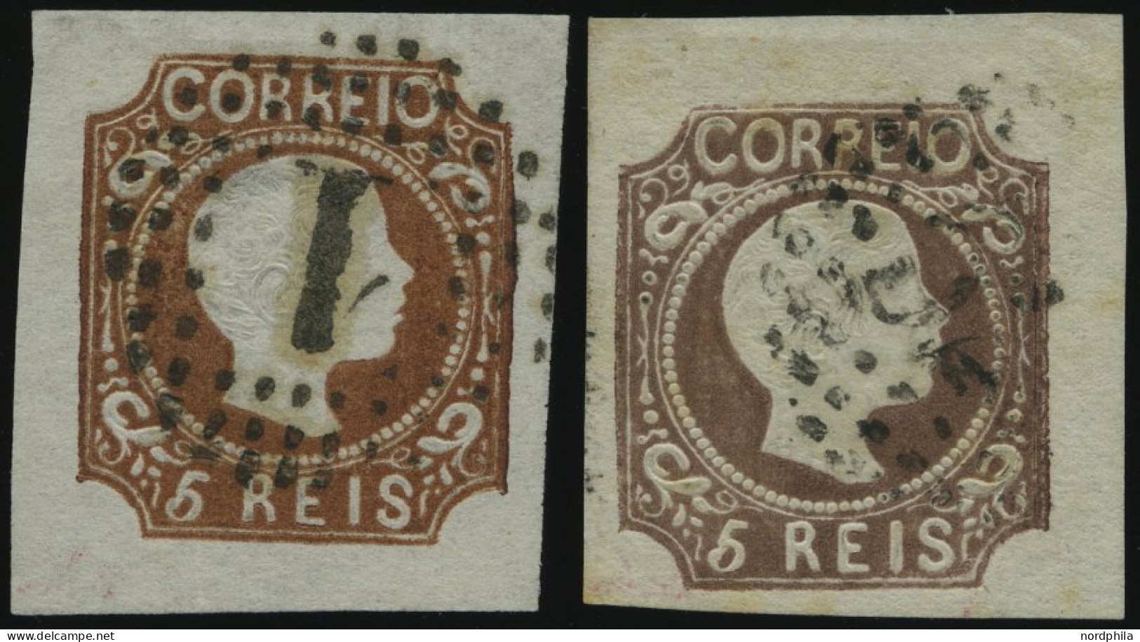 PORTUGAL 9b,c O, 1856, 5 R. Gelbbraun Und Schwarzbraun, 2 Breitrandige Prachtwerte, Gepr. Drahn, Mi. 320.- - Gebraucht