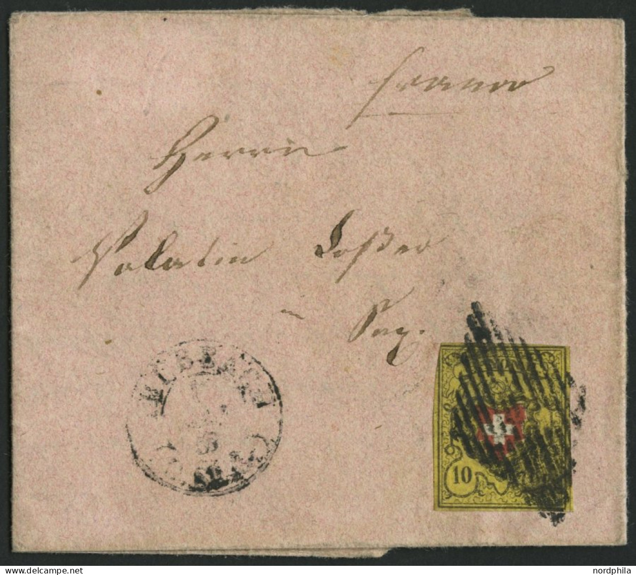 SCHWEIZ BUNDESPOST 8II BRIEF, 1853, 10 Rp. Schwarz/rot Auf Gelb, Type 10, Druckstein B1 (RU), Bis Auf Eine Ecke Vollrand - 1843-1852 Federal & Cantonal Stamps