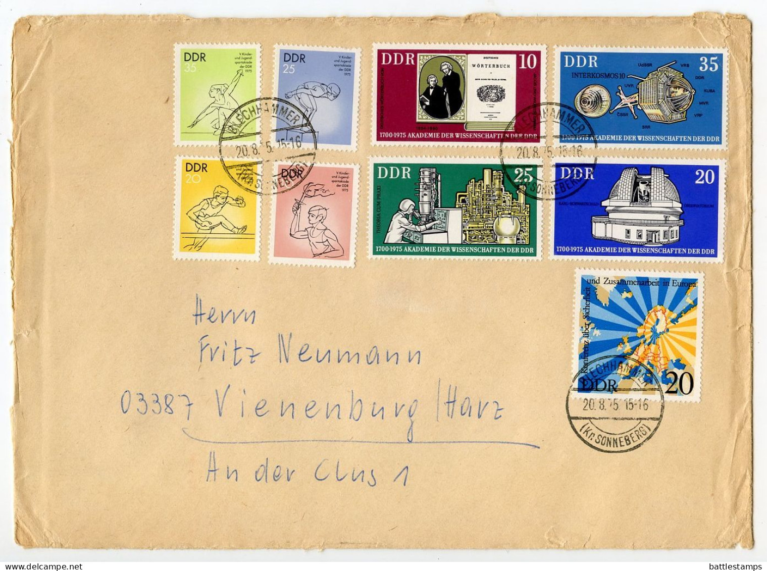 Germany, East 1975 Cover; Blechhammer To Vienenburg; Stamps - Academy Of Sciences, Youth Sports, European Security - Briefe U. Dokumente