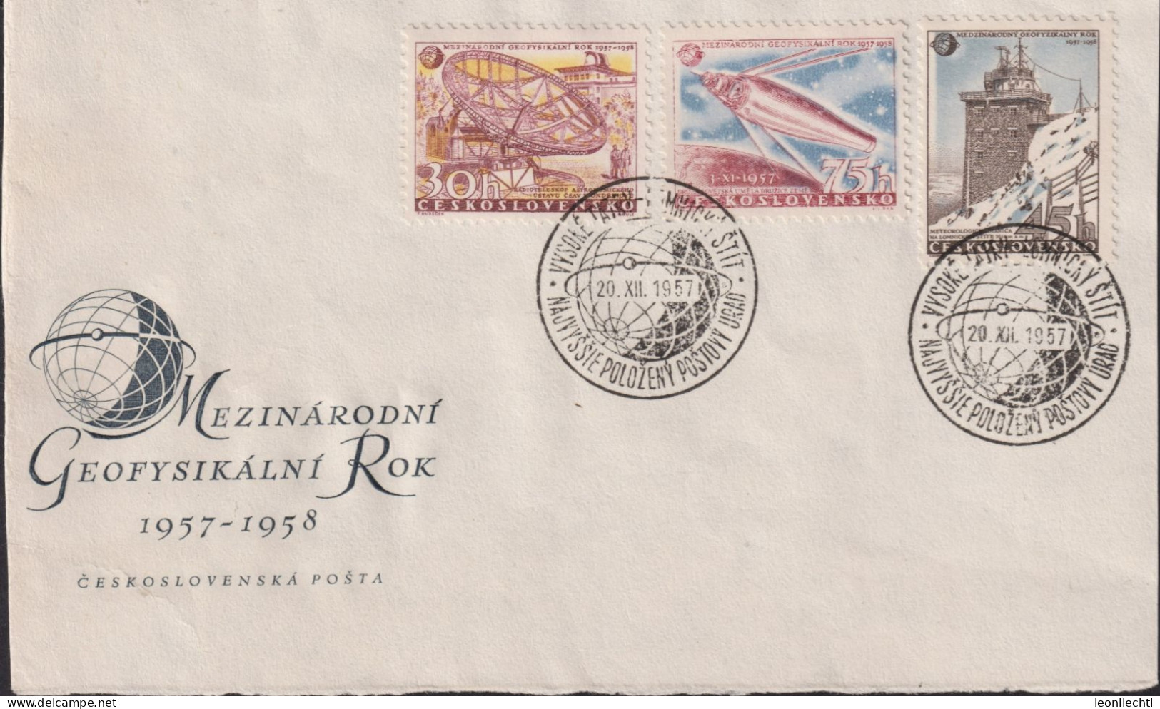 1957 Tschechoslowakei/CSSR Briefabschnitt  Mi:CS 1055-1057 Yt:CS 939-941, Internationales Geophysikalisches Jahr - Storia Postale