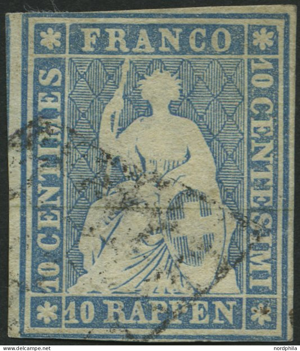 SCHWEIZ BUNDESPOST 14Ib O, 1854, 10 Rp. Mittelblau, 2. Münchener Druck, (Zst. 23A), Schmal-breitrandig, Pracht, Gepr. Vo - Gebruikt