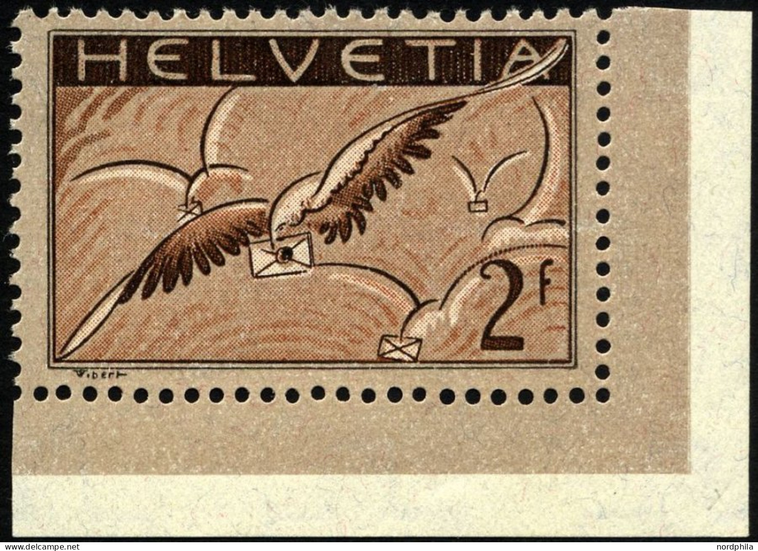 SCHWEIZ BUNDESPOST 245x , 1930, 2 Fr. Brieftaube, Gewöhnliches Papier, Bogenecke, Falzreste, Pracht - Neufs