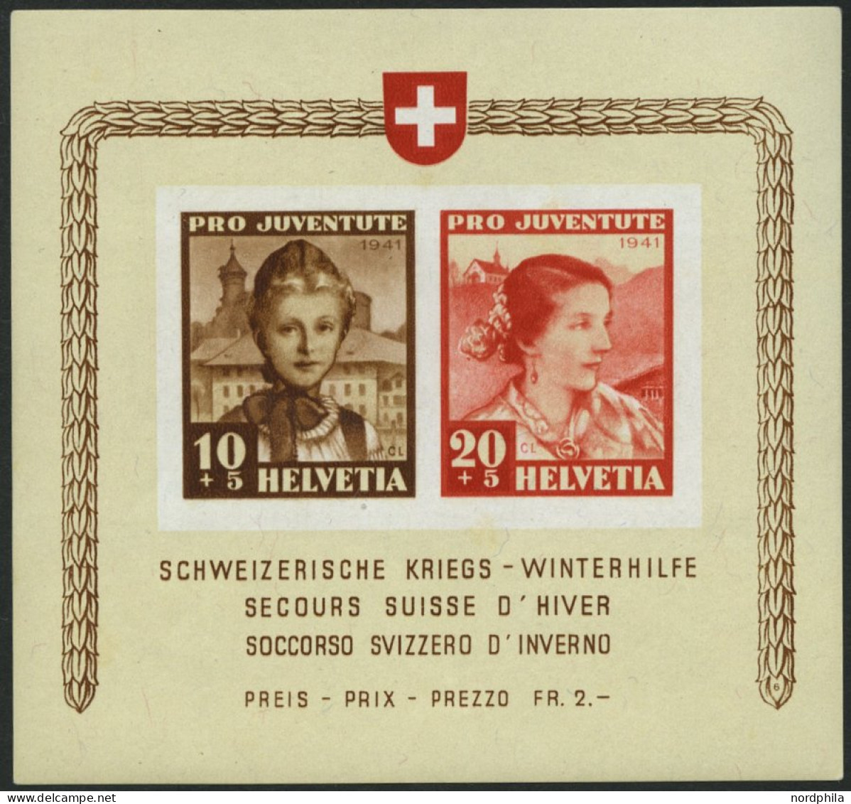 SCHWEIZ BUNDESPOST Bl. 6 , 1941, Block Kriegs-Winterhilfe, Pracht, Mi. 140.- - Blokken