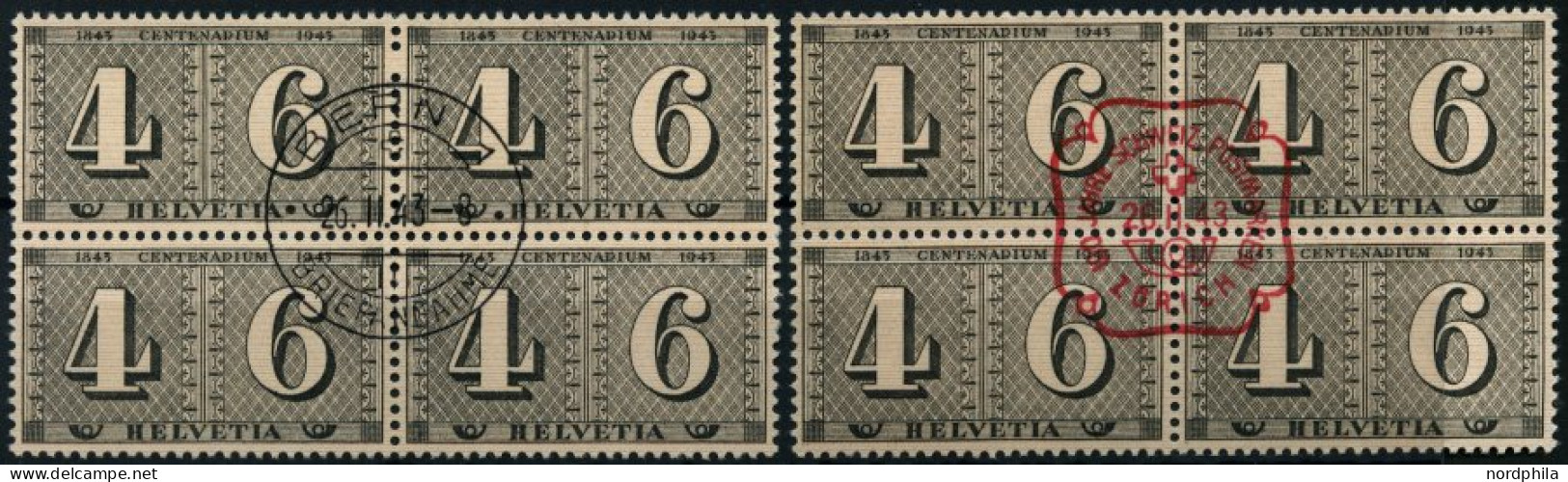 SCHWEIZ BUNDESPOST 416 VB O, 1943, 4+6 C. 100 Jahre Briefmarken, 2 Viererblocks Mit Zentrischen Ersttagsstempeln (in Rot - Oblitérés