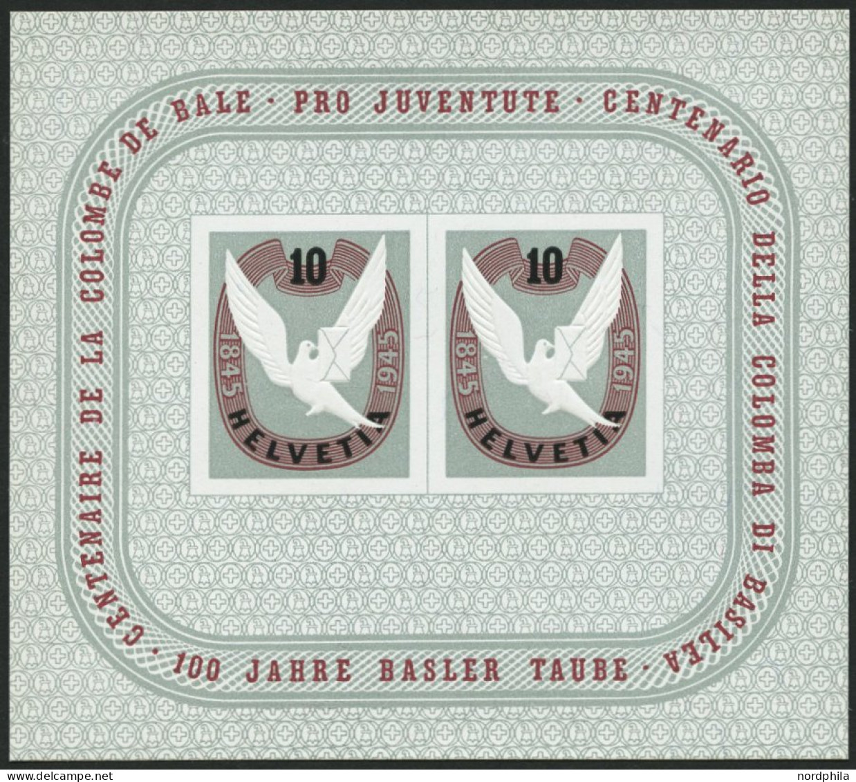 SCHWEIZ BUNDESPOST Bl. 12 , 1945, Block Basler Taube, Pracht, Mi. 160.- - Blocks & Sheetlets & Panes