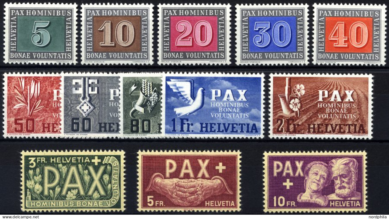 SCHWEIZ BUNDESPOST 447-59 , 1945, PAX, Prachtsatz, Endwerte Gepr. Marchand, Mi. 450.- - Nuevos