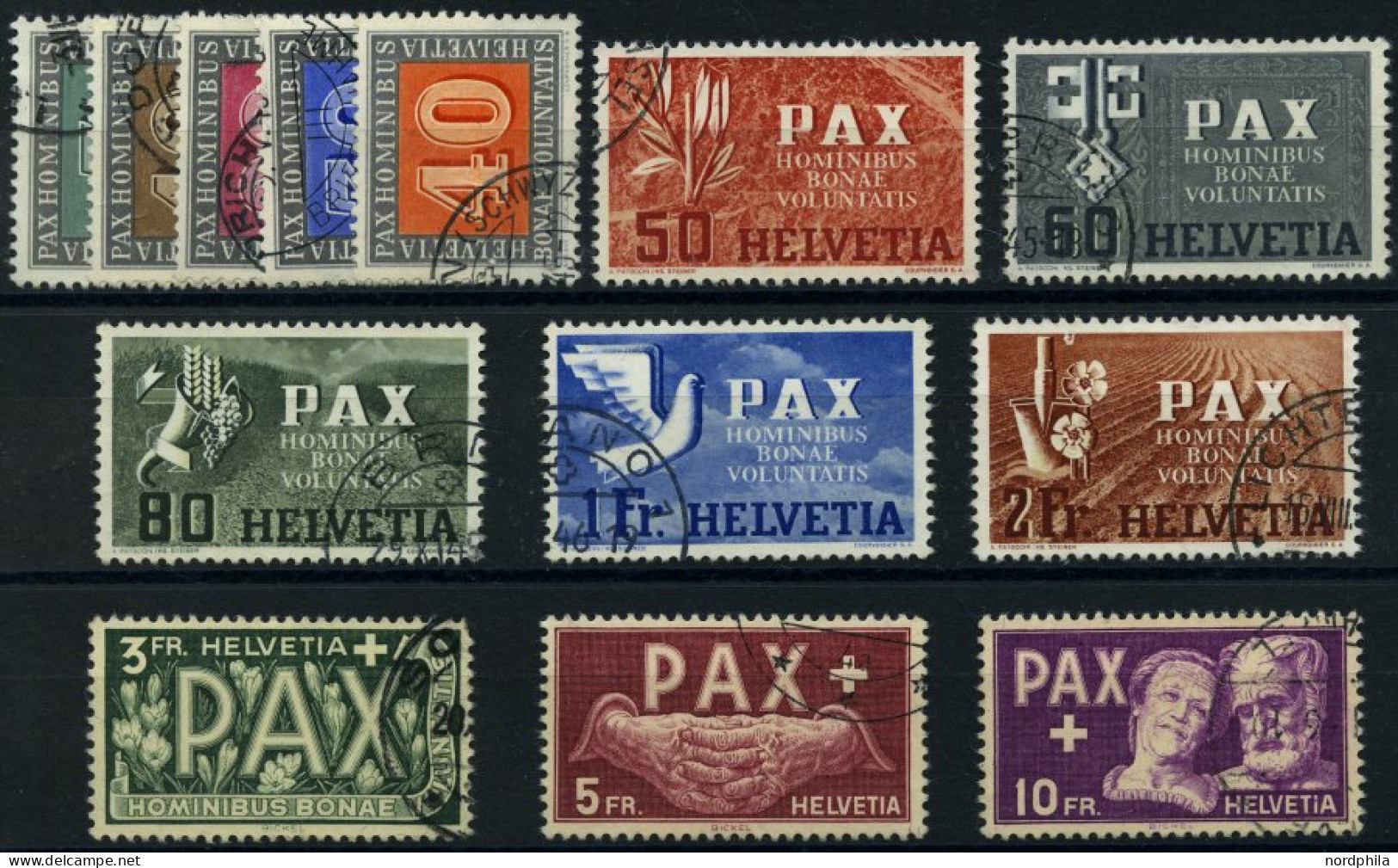 SCHWEIZ BUNDESPOST 447-59 O, 1945, PAX, Prachtsatz, 4 Endwerte Gepr. Abt, Mi. 1000.- - Gebraucht