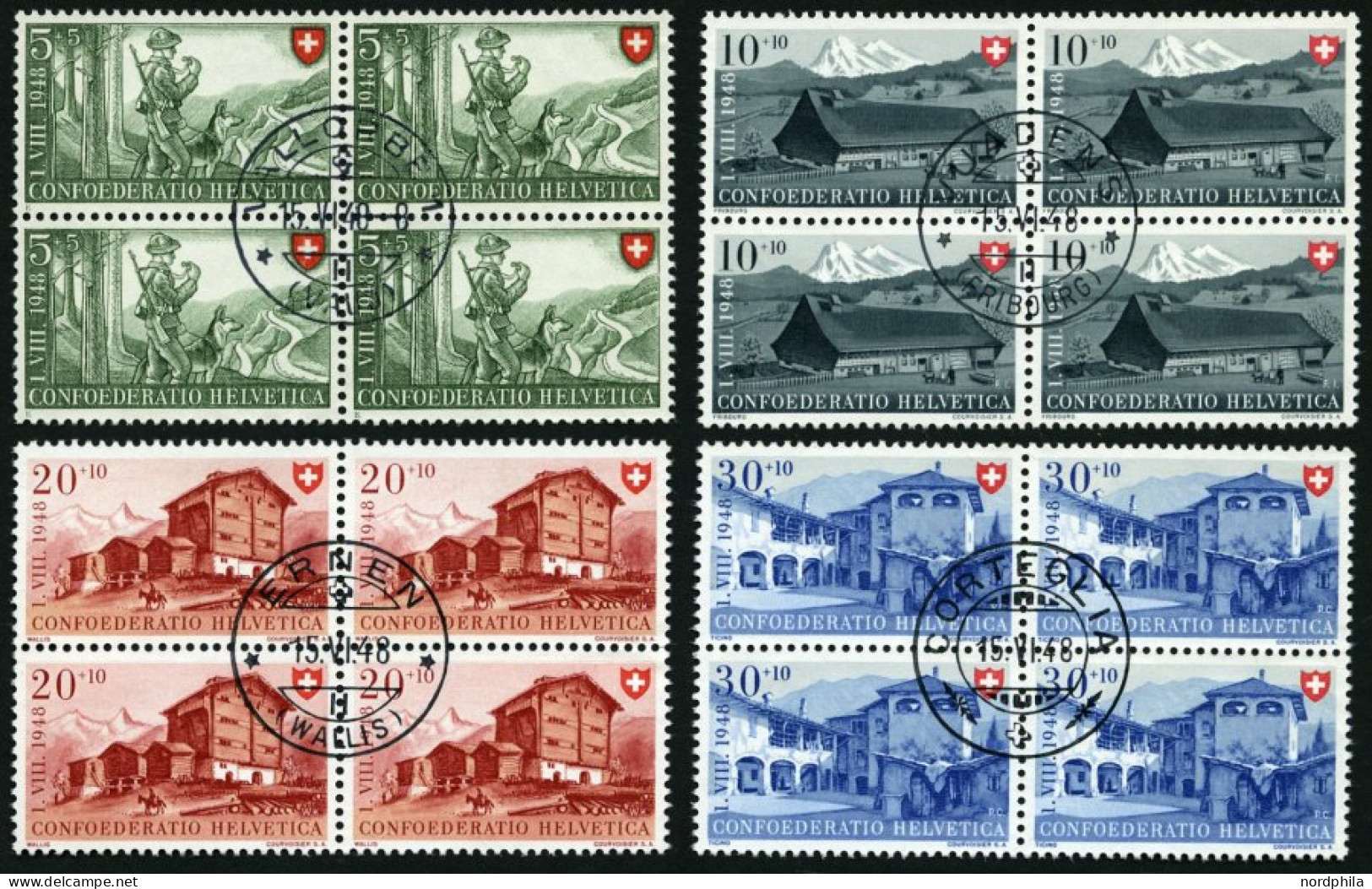 SCHWEIZ BUNDESPOST 508-11 VB O, 1948, Pro Patria In Viererblocks Mit Zentrischen Ersttagsstempeln, Prachtsatz - Used Stamps