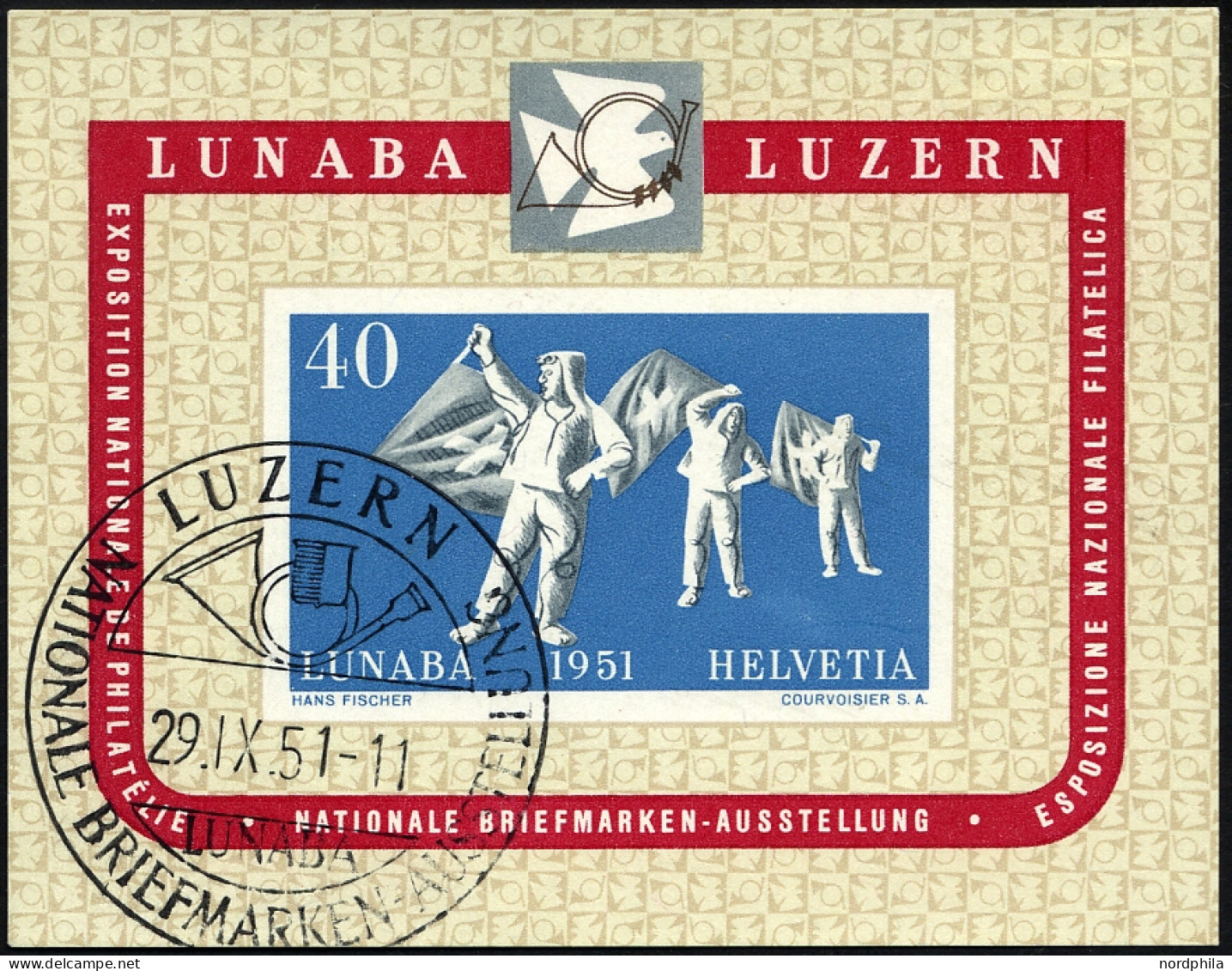 SCHWEIZ BUNDESPOST Bl. 14 O, 1951, Block LUNABA, Ersttags-Sonderstempel, Pracht, Mi. (200.-) - Blokken