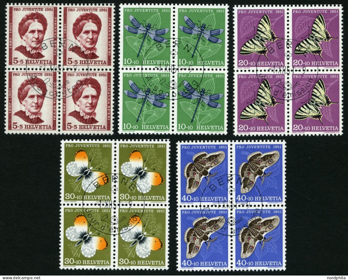 SCHWEIZ BUNDESPOST 561-65 VB O, 1951, Pro Juventute In Viererblocks Mit Zentrischen Ersttagsstempeln, Prachtsatz - Gebraucht