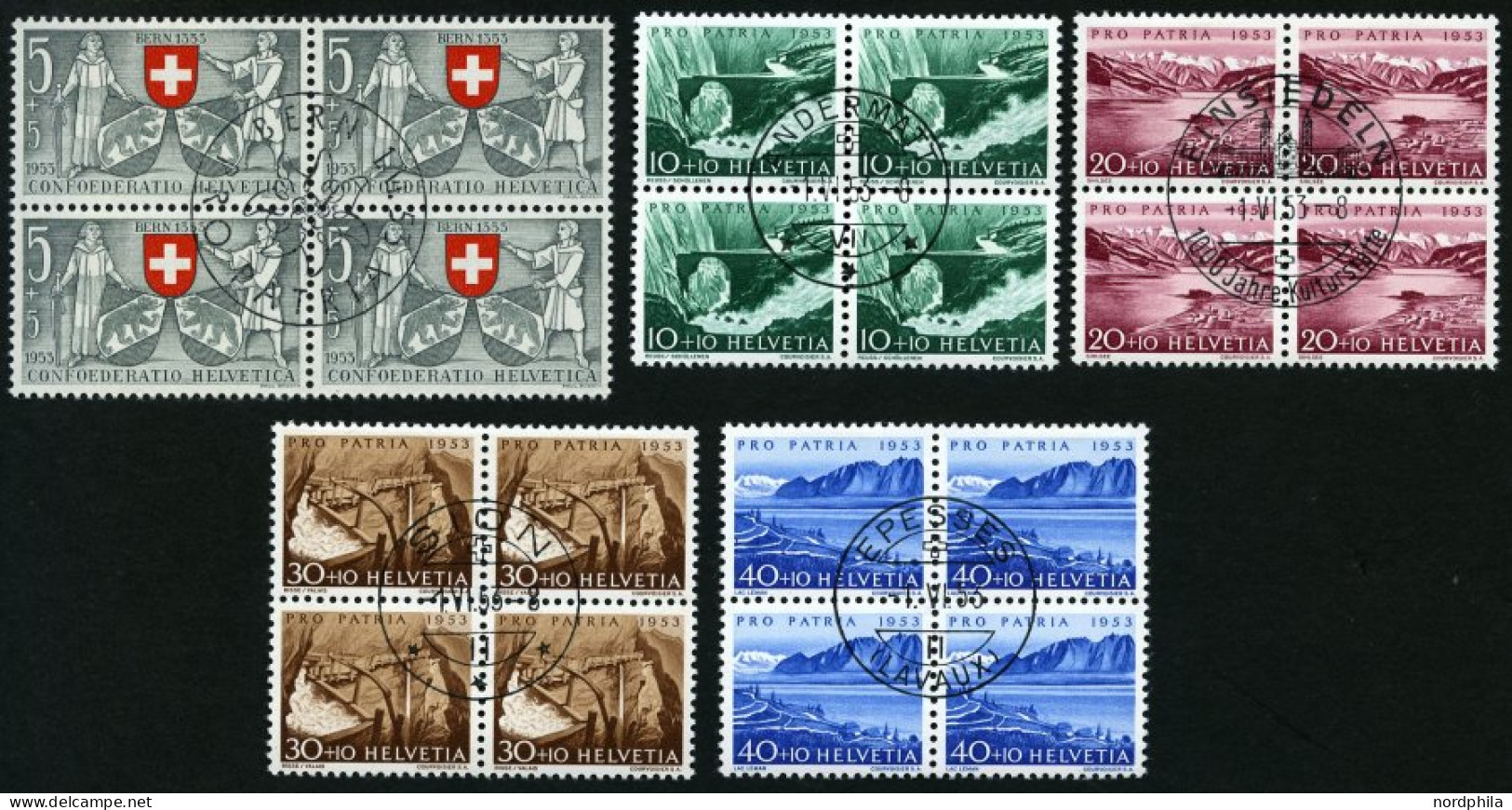 SCHWEIZ BUNDESPOST 580-84 VB O, 1953, Pro Patria In Viererblocks Mit Zentrischen Ersttagsstempeln, Prachtsatz - Usati