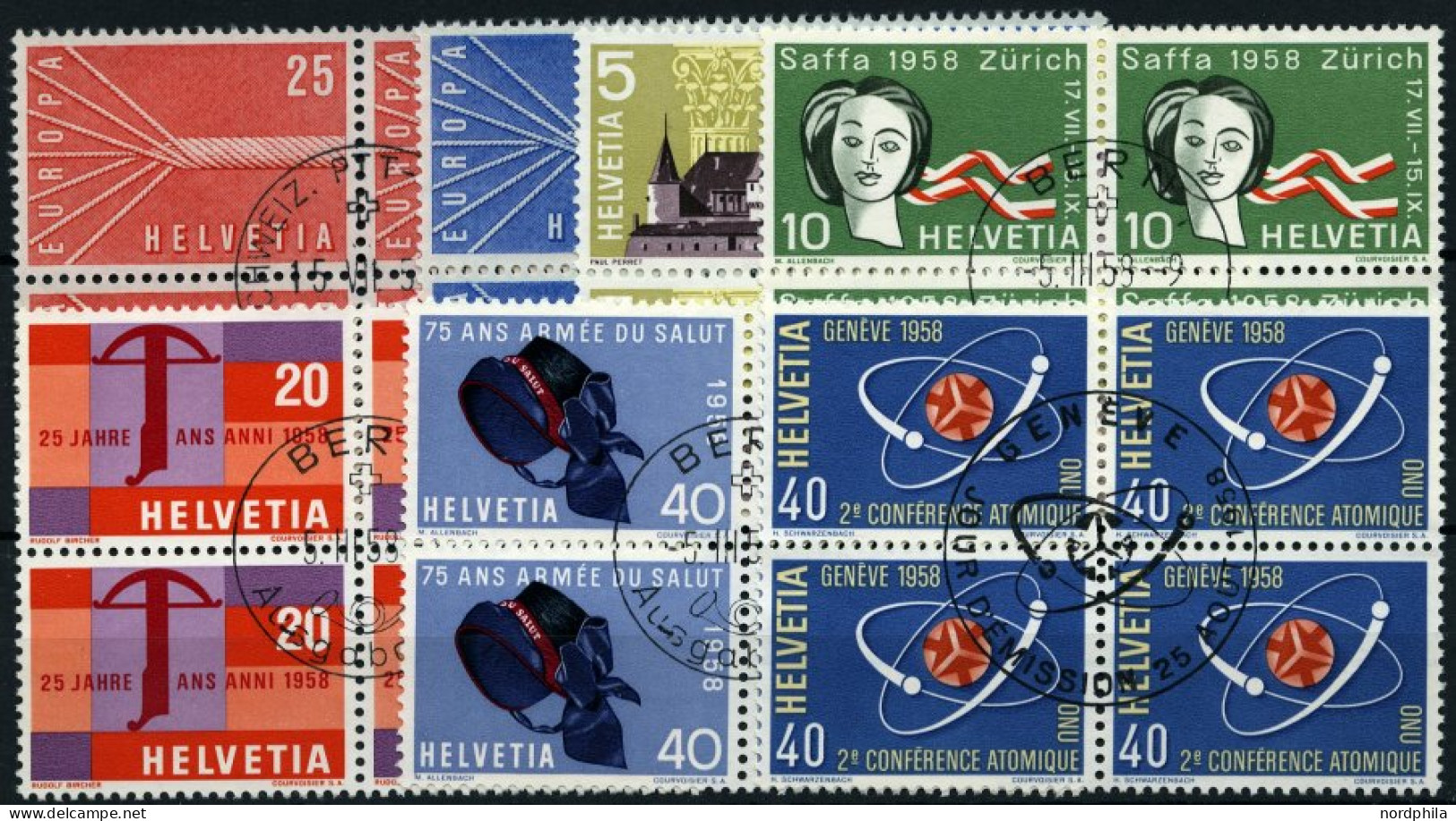 SCHWEIZ BUNDESPOST VB O , 1957/8, Europa, Jahresereignisse, Atomkonferenz (Mi.Nr. 646/7,653-56,662), Je In Viererblocks  - Gebraucht