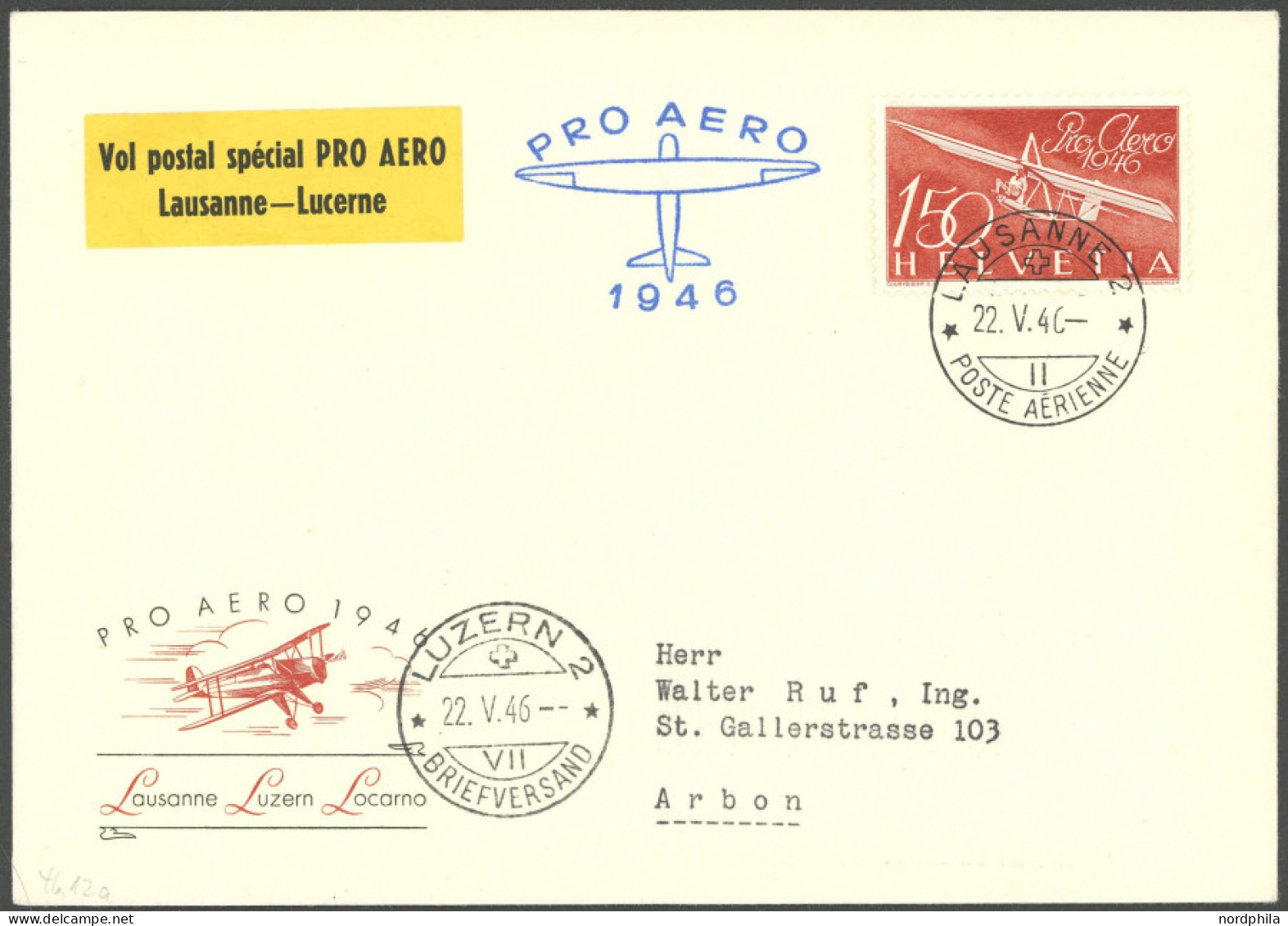 LUFTPOST SF 46.12a BRIEF, 22.5.1946, LAUSANNE-LUZERN, Prachtbrief - First Flight Covers