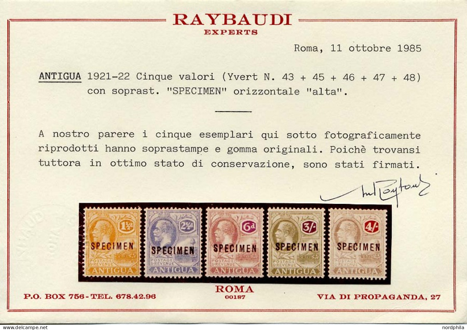 ANTIGUA 48,52,5,9,60Sp , 1922/7, 11/2, 21/2, 6 P., 3 Und 4 Sh. König Georg V, Wz. CA Schreibschrift, Aufdruck SPECIMEN,  - 1858-1960 Colonie Britannique