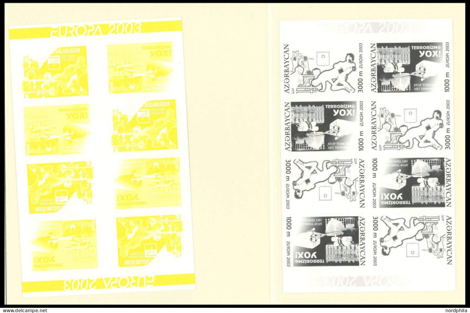 ASERBEIDSCHAN 543/4PU , 2003, Europa, 6 Verschiedene Phasendruck-Probedrucke Als Achterblocks, Kehrdruckförmig Angeordne - Aserbaidschan