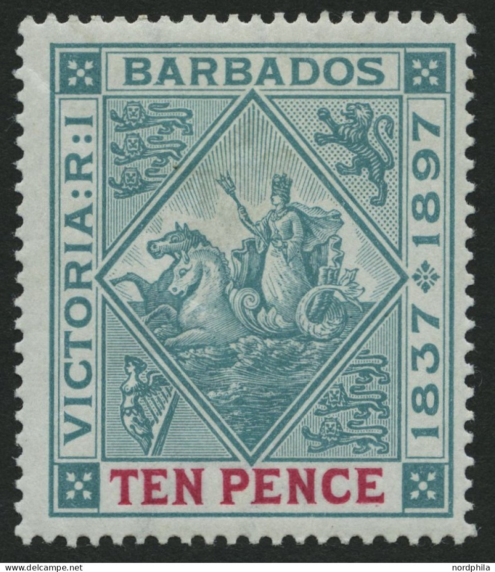 BARBADOS 60x , 1897, 10 P. 60 Jahre Regentschaft, Weißes Papier, Falzreste, Herstellungsbedingte Gummiknitter, Pracht, M - Barbades (...-1966)