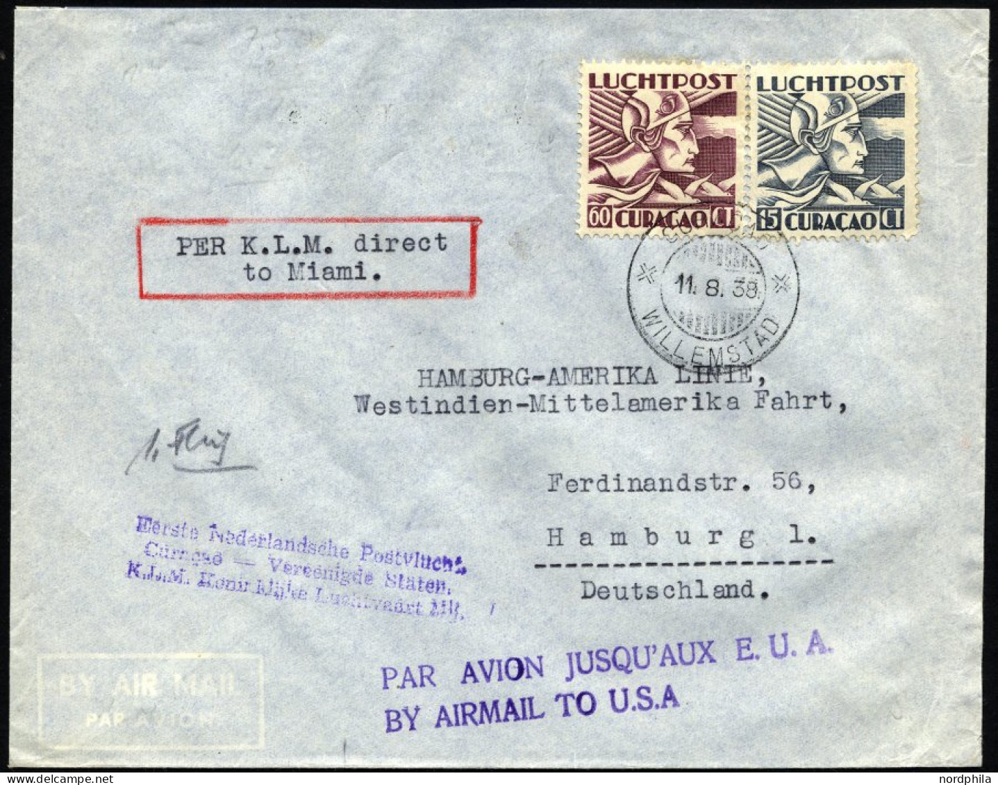 CURACAO 109,117 BRIEF, 11.9.1938, 1. KLM-Flug WILLEMSTAD (Curacao)-MIAMI, Bedarfsbrief, Pracht - Curaçao, Antilles Neérlandaises, Aruba