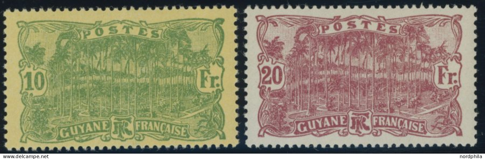 FRANZÖSISCH-GUYANA 92/3 , 1924, 10 Fr. Grün Auf Gelb Und 20 Fr. Lilakarmin, Postfrisch, 2 Prachtwerte - Andere & Zonder Classificatie
