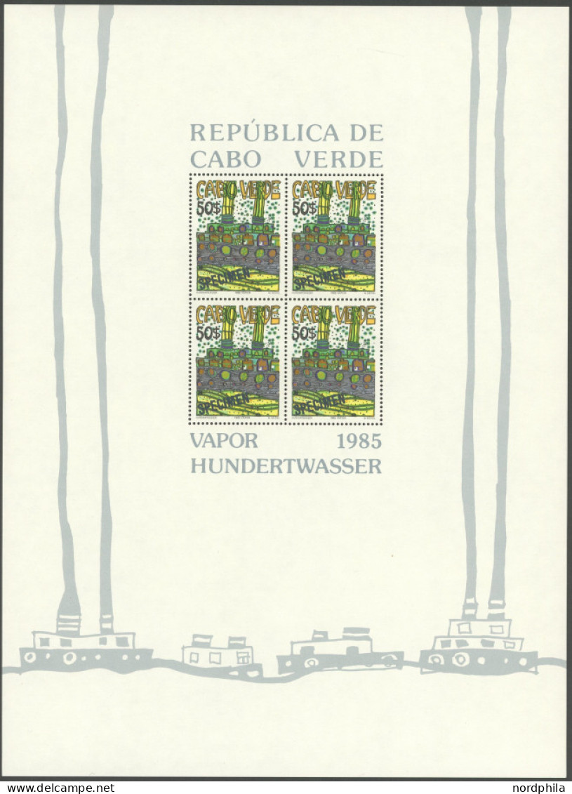 KAP VERDE Bl. 7-9SP , 1985, Hundertwasser, Alle Drei Blocks Mit Aufdruck SPECIMEN, Seltene Mustergarnitur, Die Nur In We - Isola Di Capo Verde