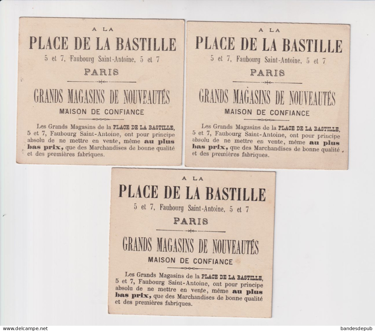 Paris Magasin A LA PLACE DE LA BASTILLE 3 Chromos Double  Enfant Couvre Chef Chapeau Ou Chaussure Canotier Chasseur - Autres & Non Classés