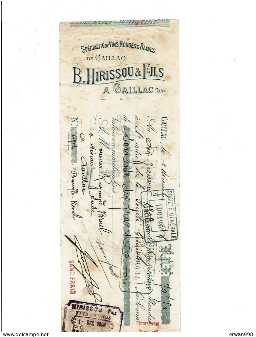 81 GAILLAC Vins Rouges Et Blancs Traite Société Générale Avec Timbre Fiscal 1/12/1908  (1119) - Bills Of Exchange