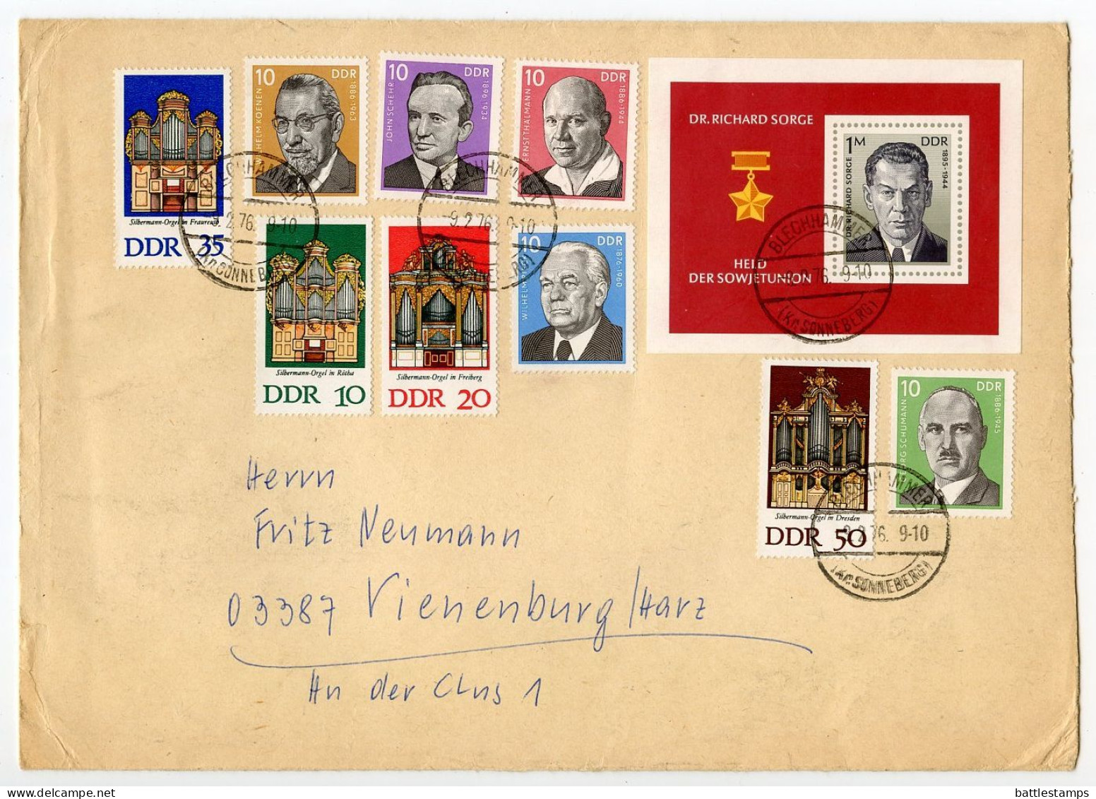 Germany East 1976 Cover; Blechhammer To Vienenburg; Stamps - Silberman Organs, Sorge S/S, President Pieck, Labor Leaders - Covers & Documents