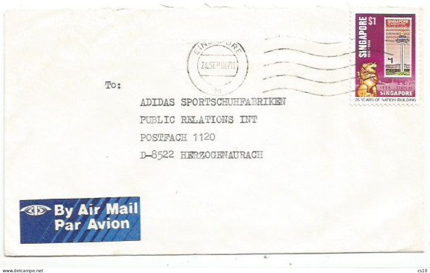 Singapore Airmail CV 24sep1986 With Nation Building $.1 Solo Franking - Timbres Sur Timbres
