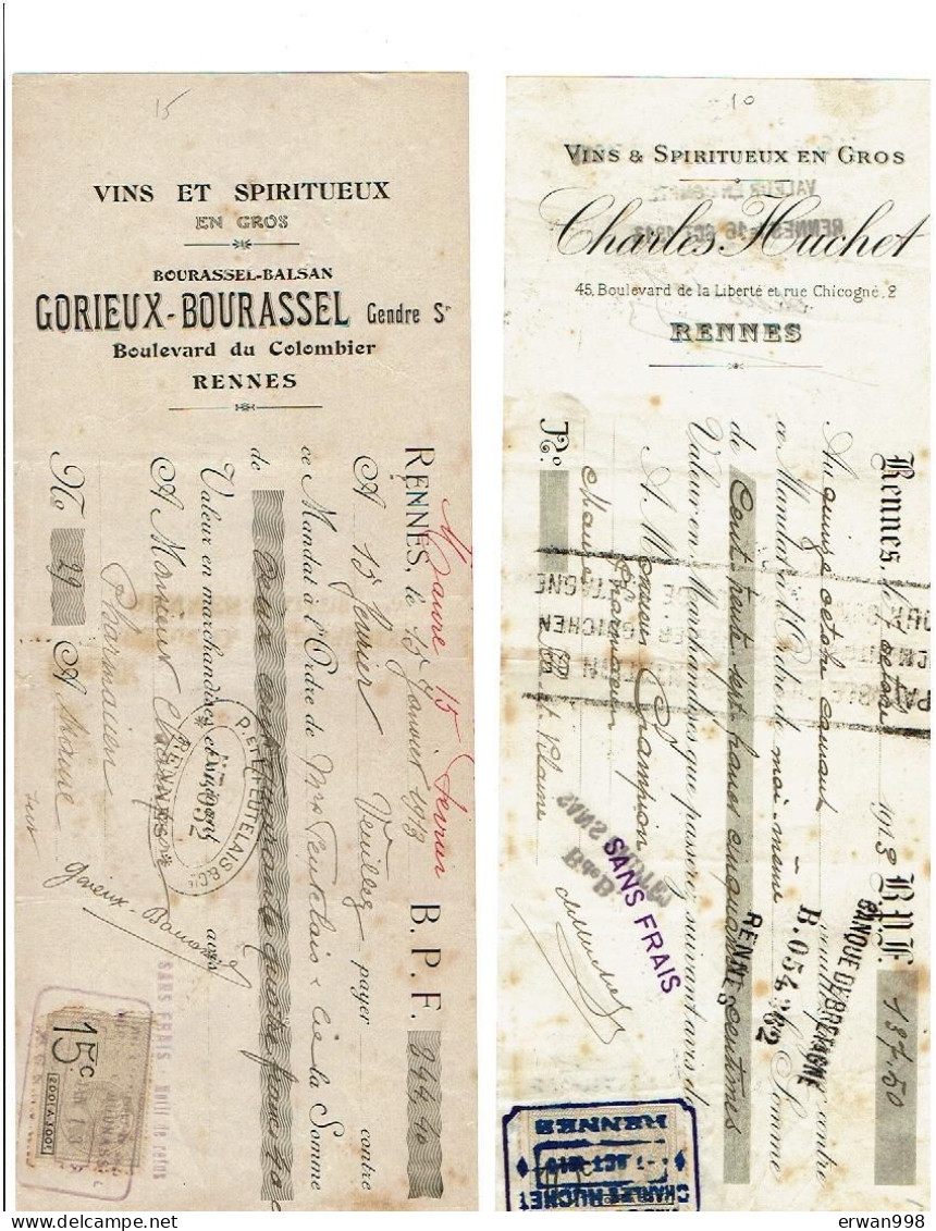 35 RENNES  Vins & Liqueurs 2 Traites Ets HUCHET & GORIEUX De 1913 Avec Timbre Fiscal Thème Vin  (1121) - Letras De Cambio