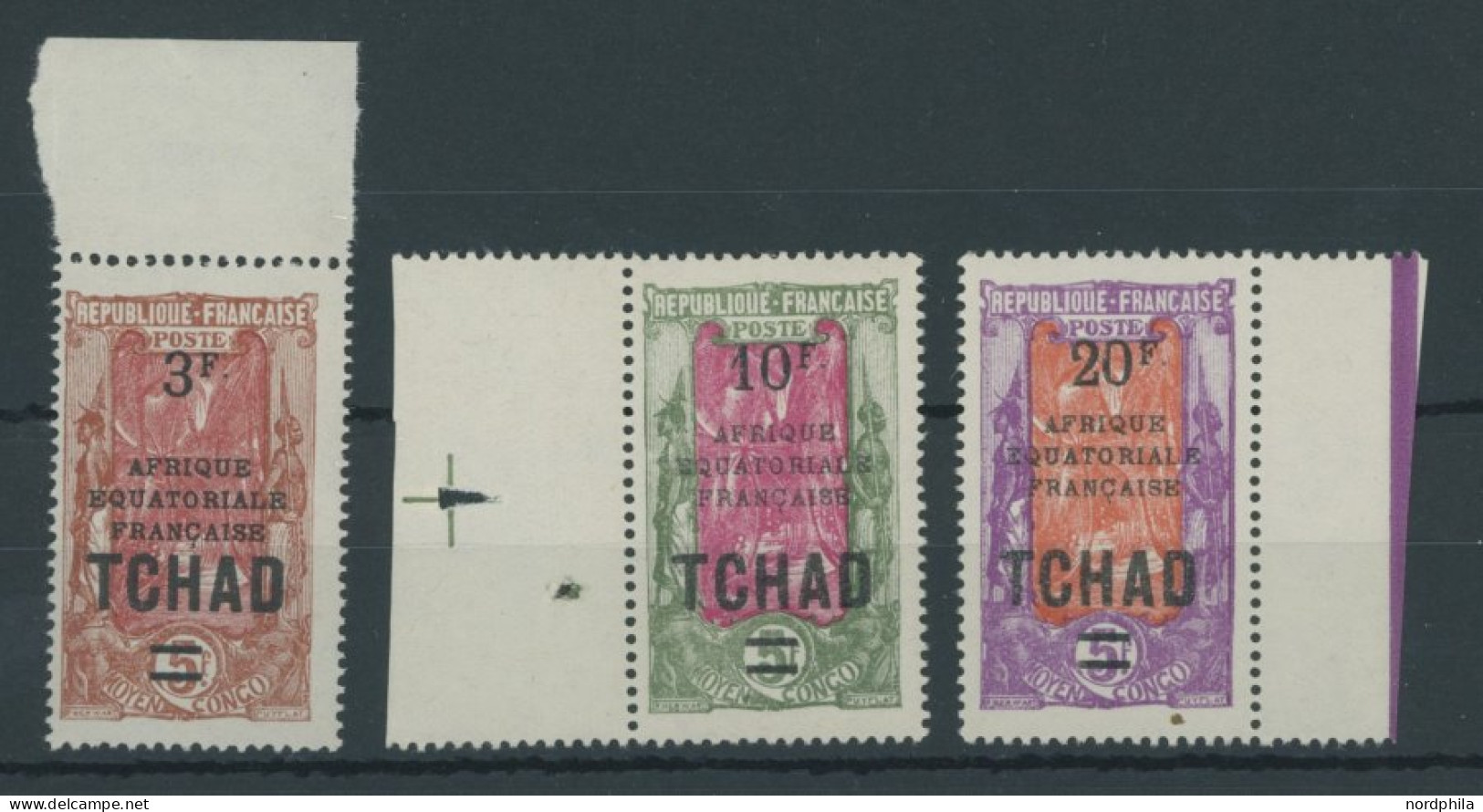 TSCHAD 42-45 , 1925, 3 Fr. Auf 5 Fr. - 25 Fr. Auf 5 Fr. Freimarken, Postfrisch, 3 Prachtwerte - Unused Stamps