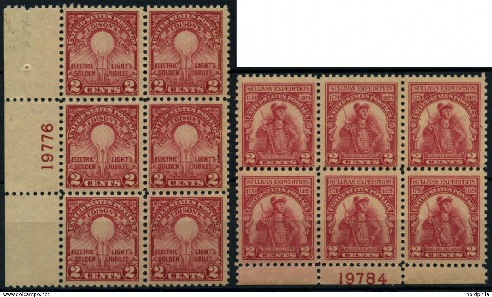 USA 317A,318 , Scott 654/5, 1929, 2 C. Edison Und Sullivan, Je In Postfrischen Sechserblock Mit Plattennummer, Pracht, $ - Nuovi