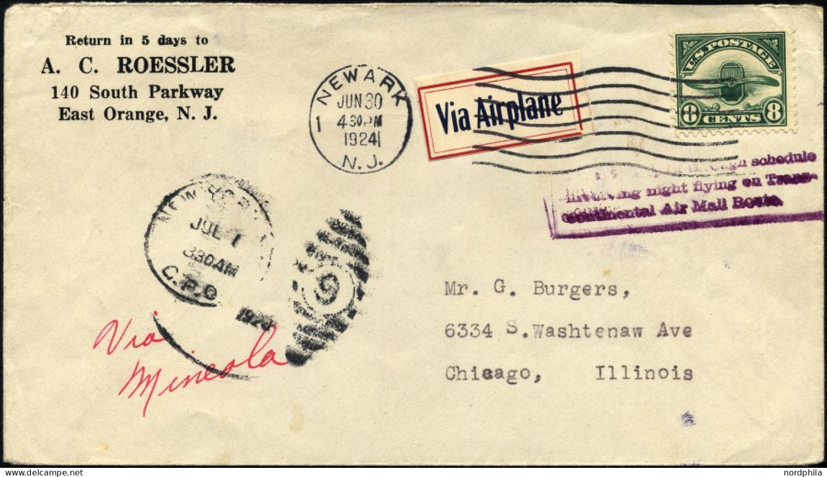 US-FLUGPOST 286 BRIEF, 1.7.1924, 8 C. Auf Trouis-Continentalnachtflugbrief NEWARK-CHICAGO Mit Aufkleber Via Airplane, Pr - 1c. 1918-1940 Brieven