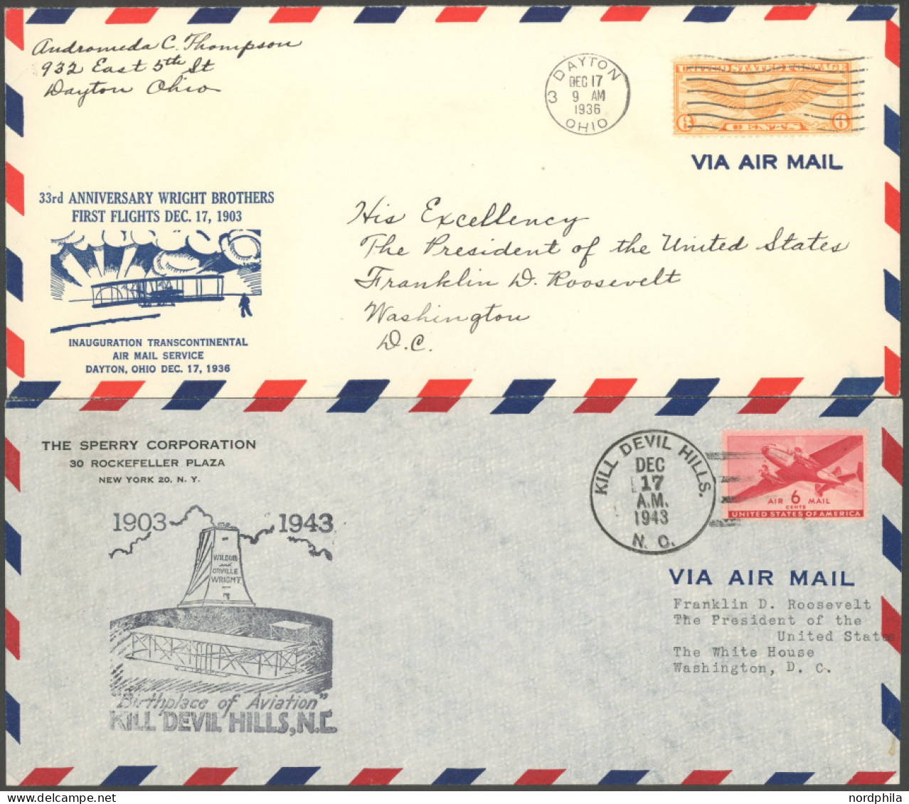 US-FLUGPOST 1936/43, Gebrüder Wright Jubiläum, 2 Luftpostbriefe Mit Sondercachets An Den Präsidenten Roosevelt, Mit Beig - Autres & Non Classés