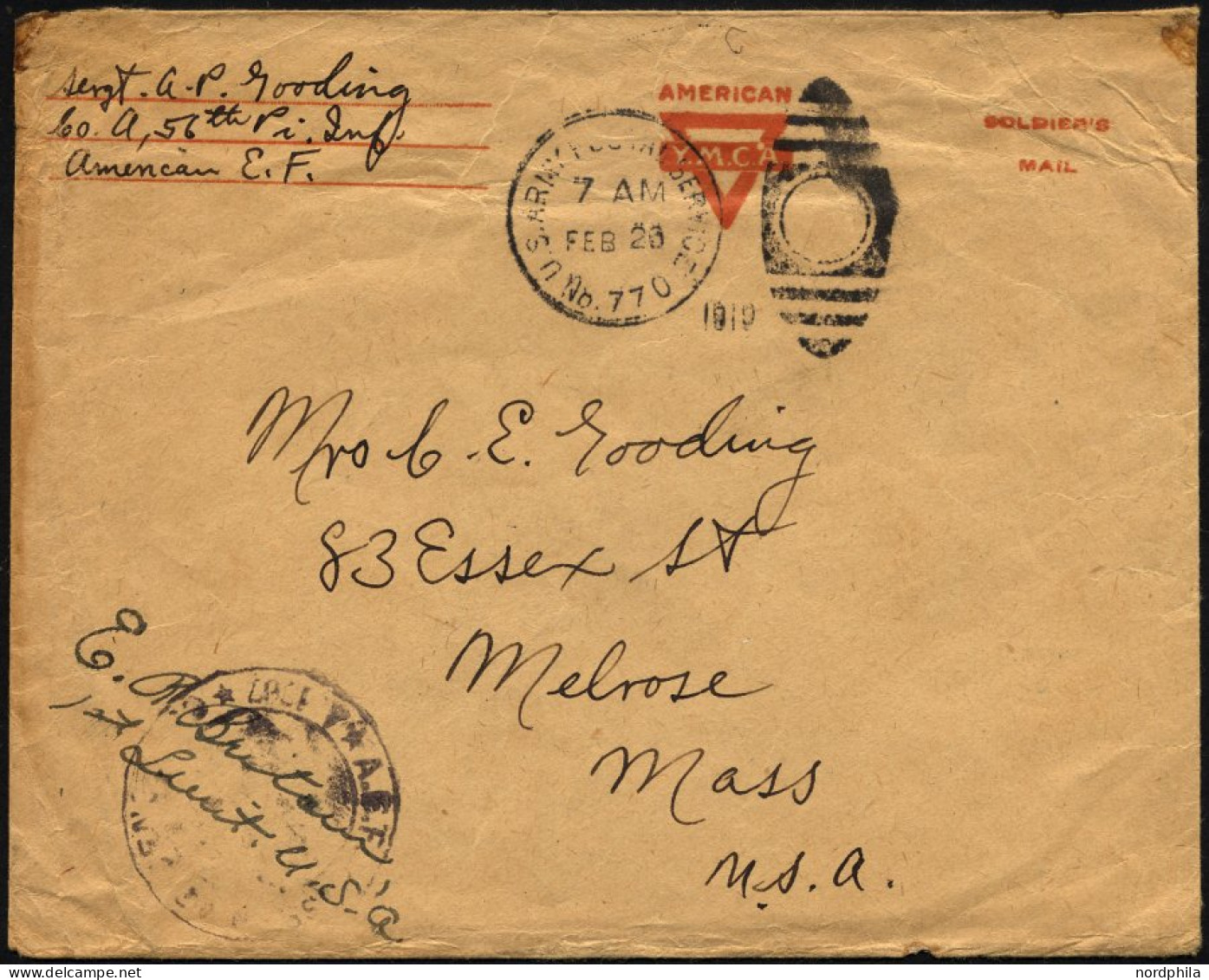 FELDPOST 1919, Feldpost-Ovalraute U.S. ARMY POSTAL SERVICE/No. 770 Und US-Zensurstempel Mit Vermerk Des Militärischen Vo - Briefe U. Dokumente