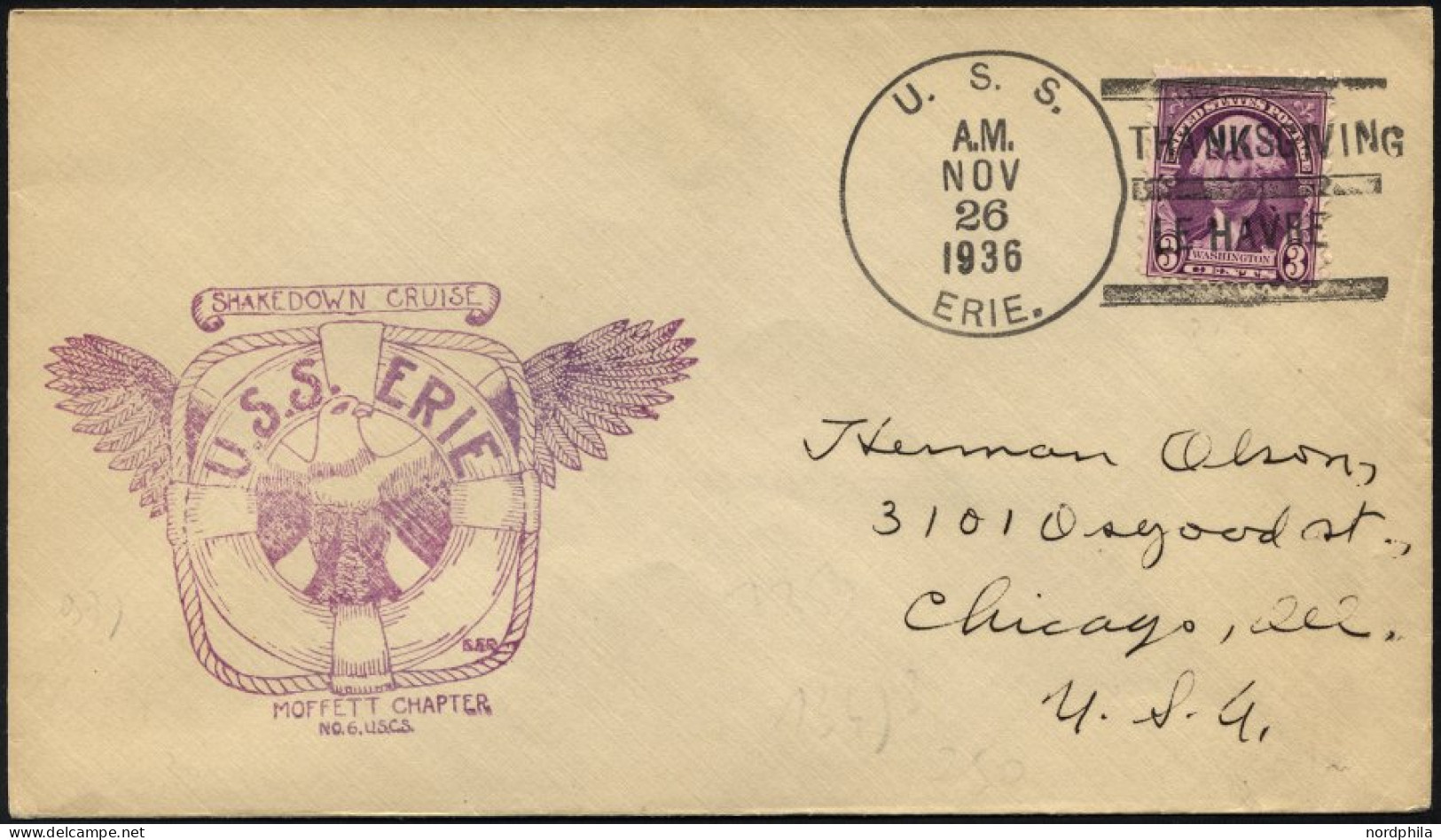 FELDPOST 1936, Brief Mit K1 Des US-Kanonenbootes U.S.S. ERIE Und Abstempelung Thanksgiving Le Havre, Pracht - Briefe U. Dokumente