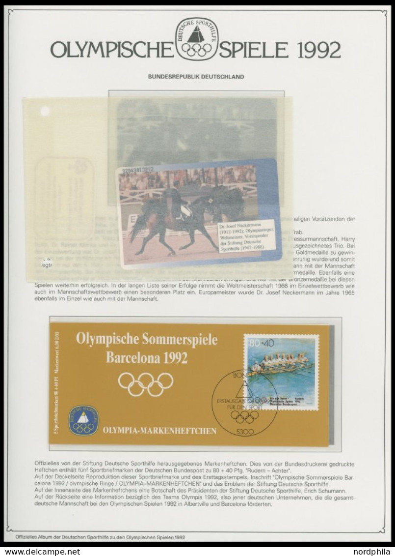SPORT ,Brief , Olympische Spiele 1992 auf Spezial Falzlosseiten der Deutschen Sporthilfe mit Blocks, Streifen, Markenhef