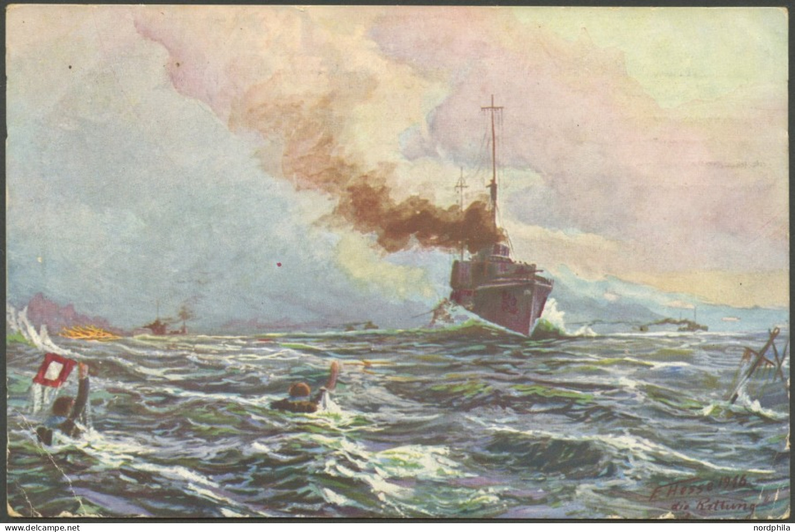 ALTE POSTKARTEN - SCHIFFE KAISERL. MARINE Skagerrak, Nach Der Schlacht. Rettung Durch Unsere Torpedoboote, Farbige Künst - Oorlog