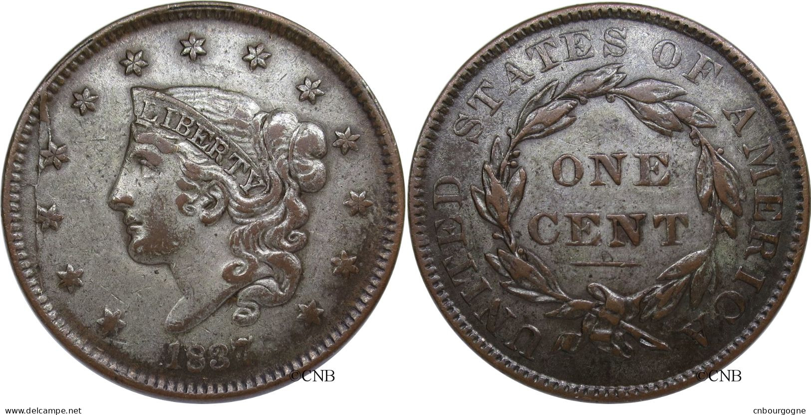 États-Unis - 1 Cent Coronet Head 1837 - TTB+/AU50 Argentée - Mon3656 - 1816-1839: Coronet Head