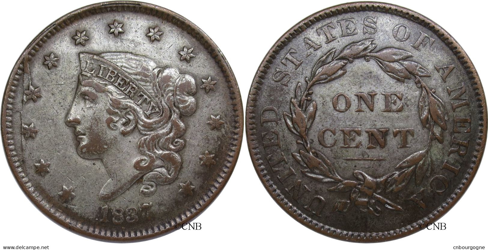 États-Unis - 1 Cent Coronet Head 1837 - TTB+/AU50 Argentée - Mon3656 - 1816-1839: Coronet Head (Tête Couronnée)
