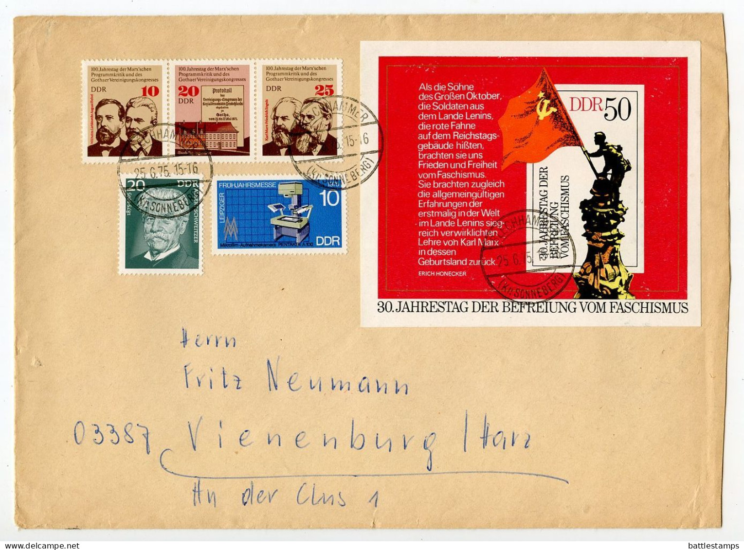 Germany East 1975 Cover; Blechhammer To Vienenburg; Stamps - Congress Of Gotha, Schweitzer, Liberation From Fascism - Brieven En Documenten