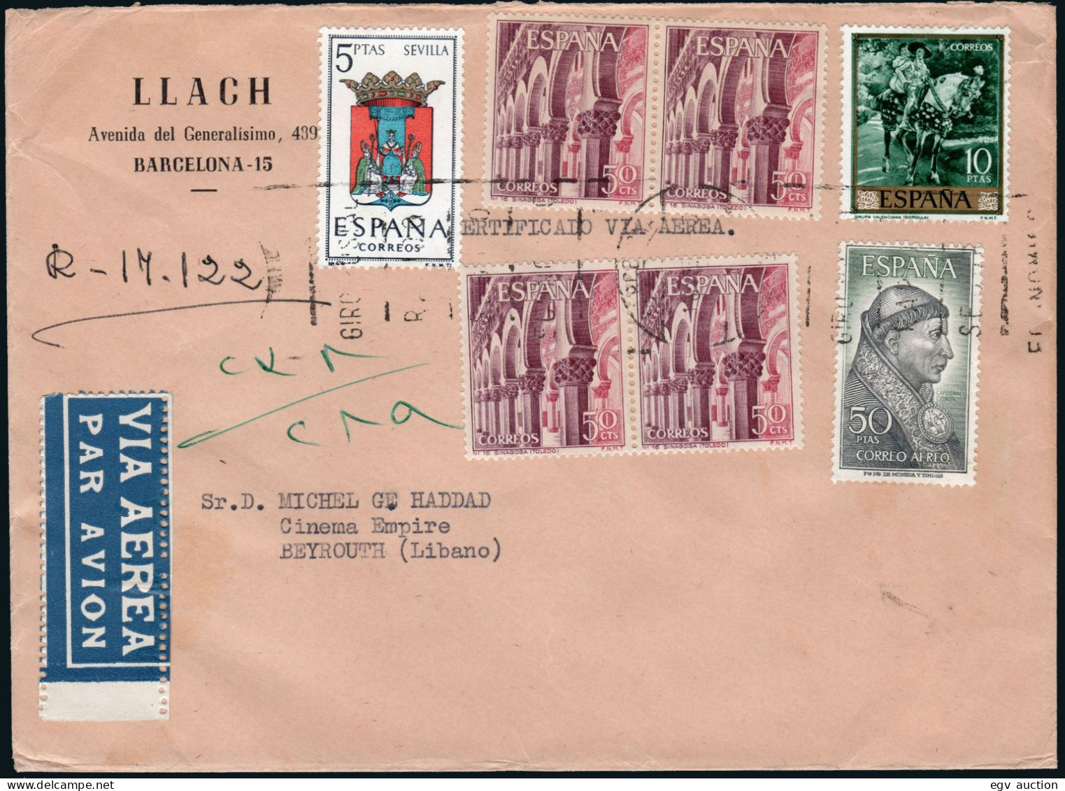 España - Edi O 1539+1575 - Mat Rodillo "Barcelona 18/9/65" Certificado A Líbano - Covers & Documents