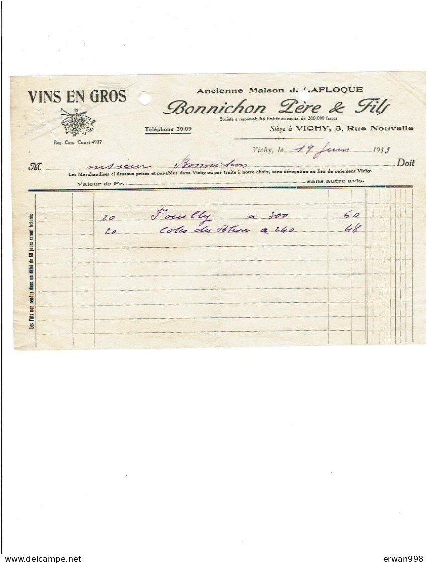 03 VICHY Ets BONNICHON   Vins En Gros Facture 19/6/1933 Thème Vin  (1123) - Lebensmittel