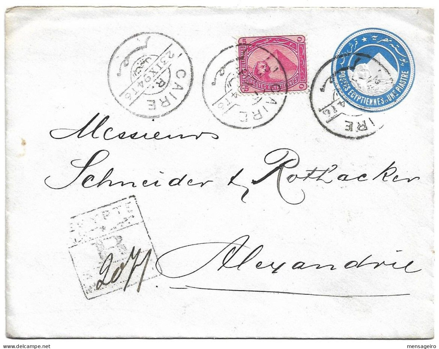 (C04) REGISTRED 1P. STATIONERY COVER UPRATED BY 5M. STAMP - CAIRE/R  => ALEXANDRIE 1894 - 1866-1914 Khédivat D'Égypte