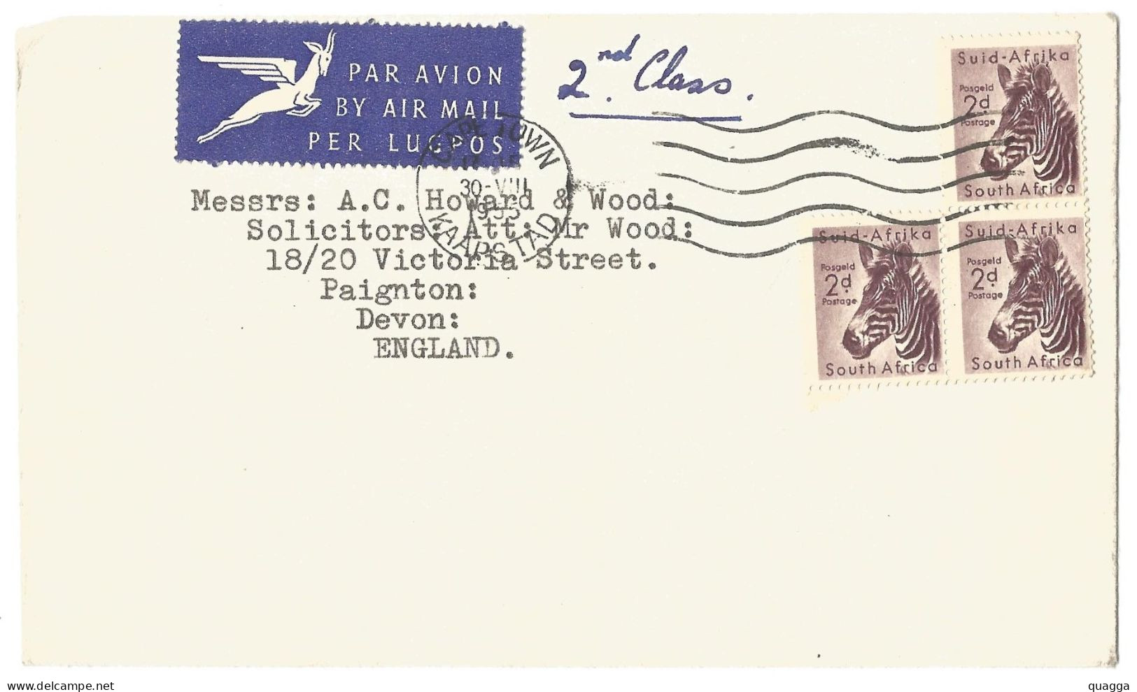 South Africa 1954. 2d Mountain Zebra On Cover. SG 154. - Brieven En Documenten