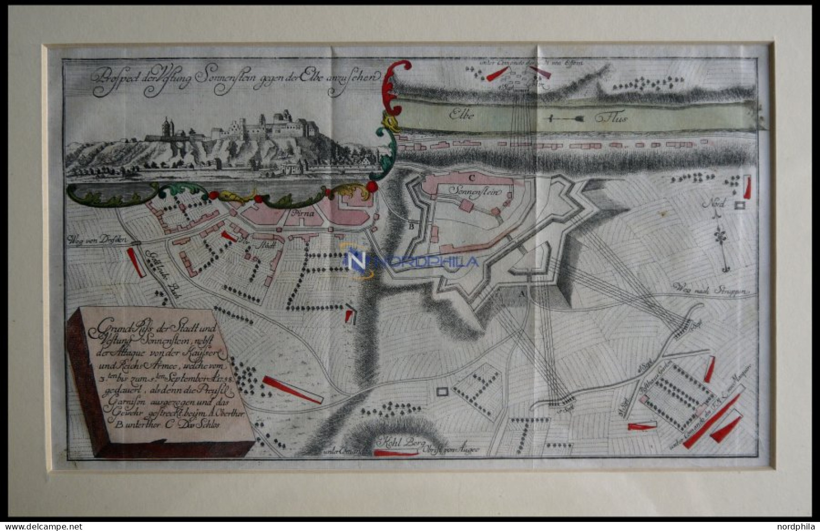 SONNENSTEIN B. PIRNA, Festung Und Gesamtansicht Der Belagerung Vom 3. - 5.9.1758, Altkolorierter Kupferstich Von Ca. 176 - Stiche & Gravuren