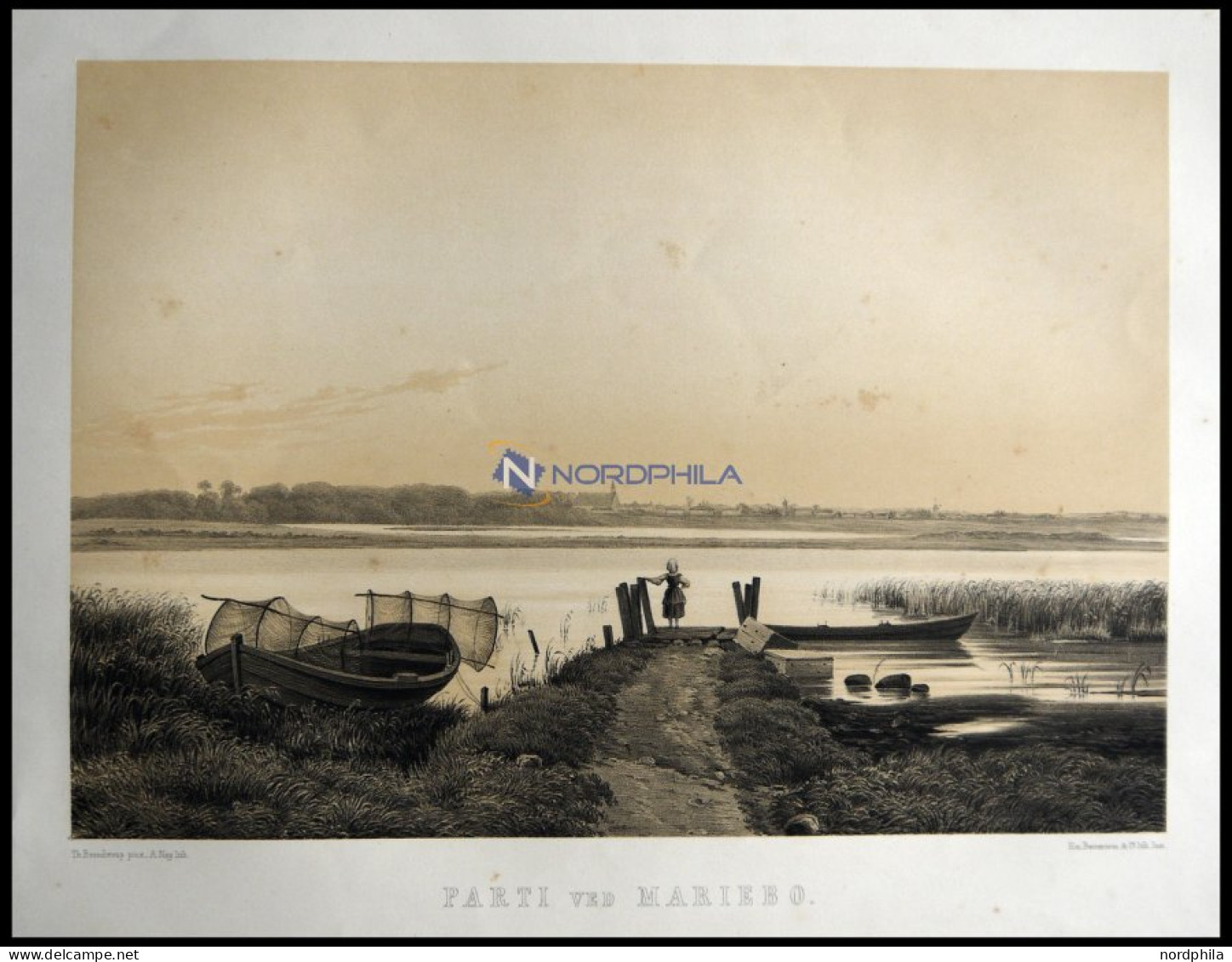 MARIEBO (Parti Ved Mariebo), Blick über Den See Auf Mariebo, Lithographie Mit Tonplatte Von Alexander Nay Nach Th. Brend - Lithographies