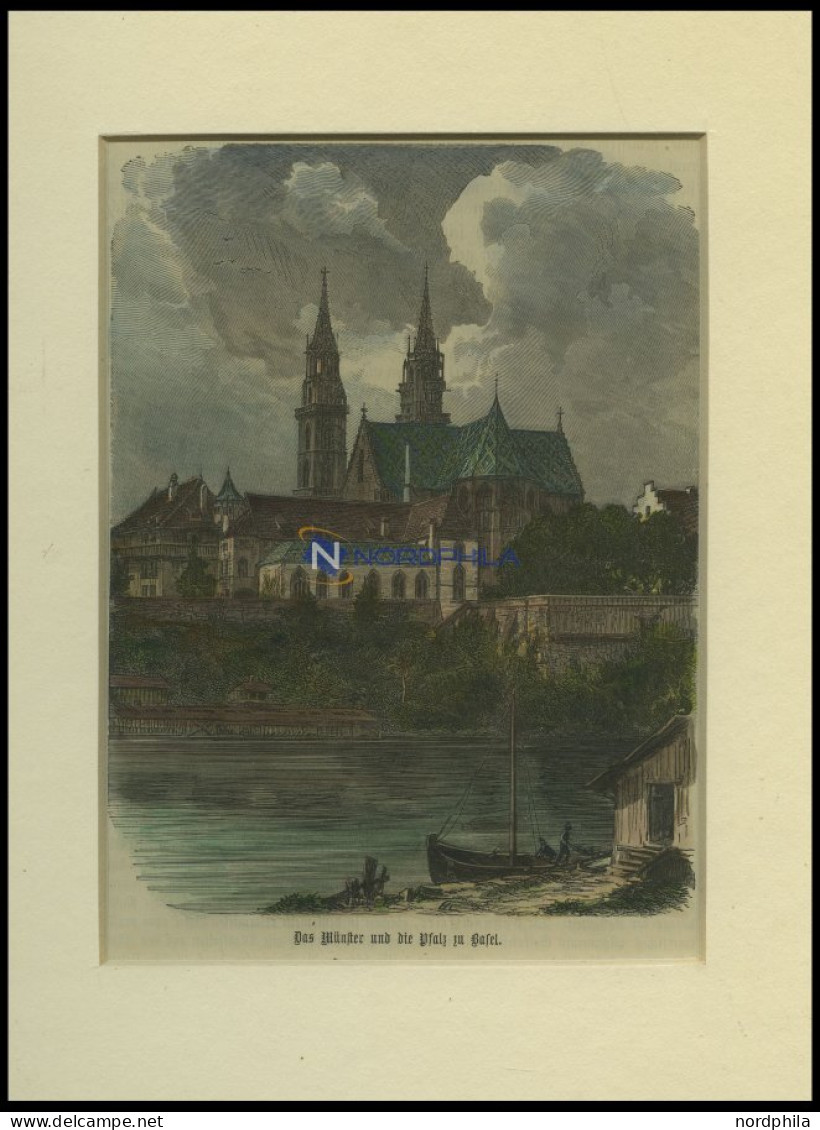 BASEL: Das Münster Und Die Pfalz, Kolorierter Holzstich Um 1880 - Lithographies
